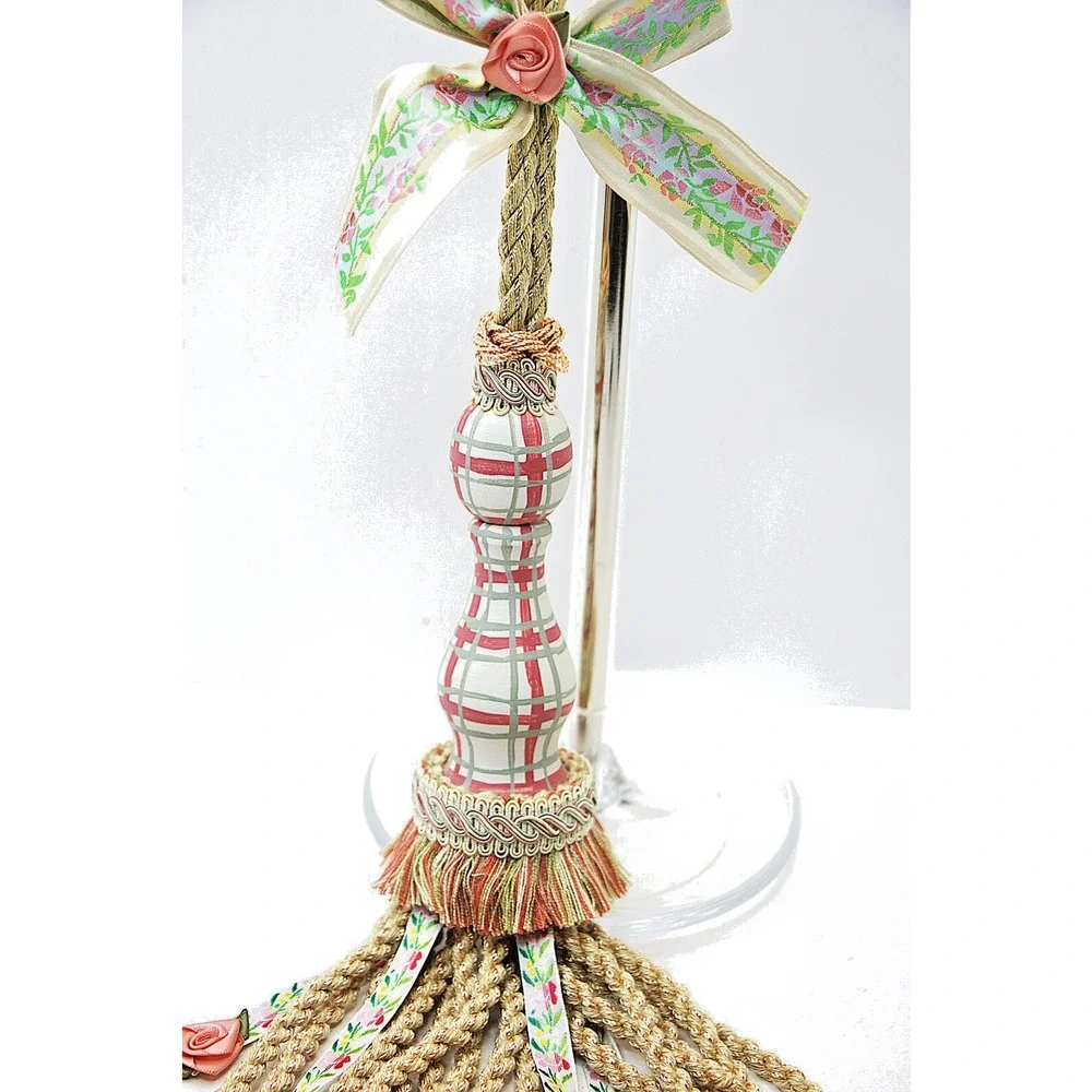 Decorative Curtain Tieback – Gold Rope w/ Plaid Bow & Pink Rose Tassels